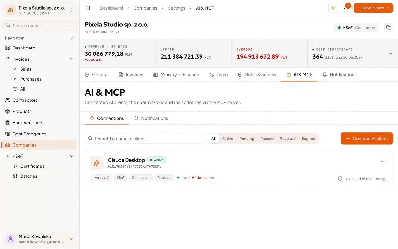 Recorded live: connecting an assistant to the company with scoped access, then watching every action land in the audit log in real time.
