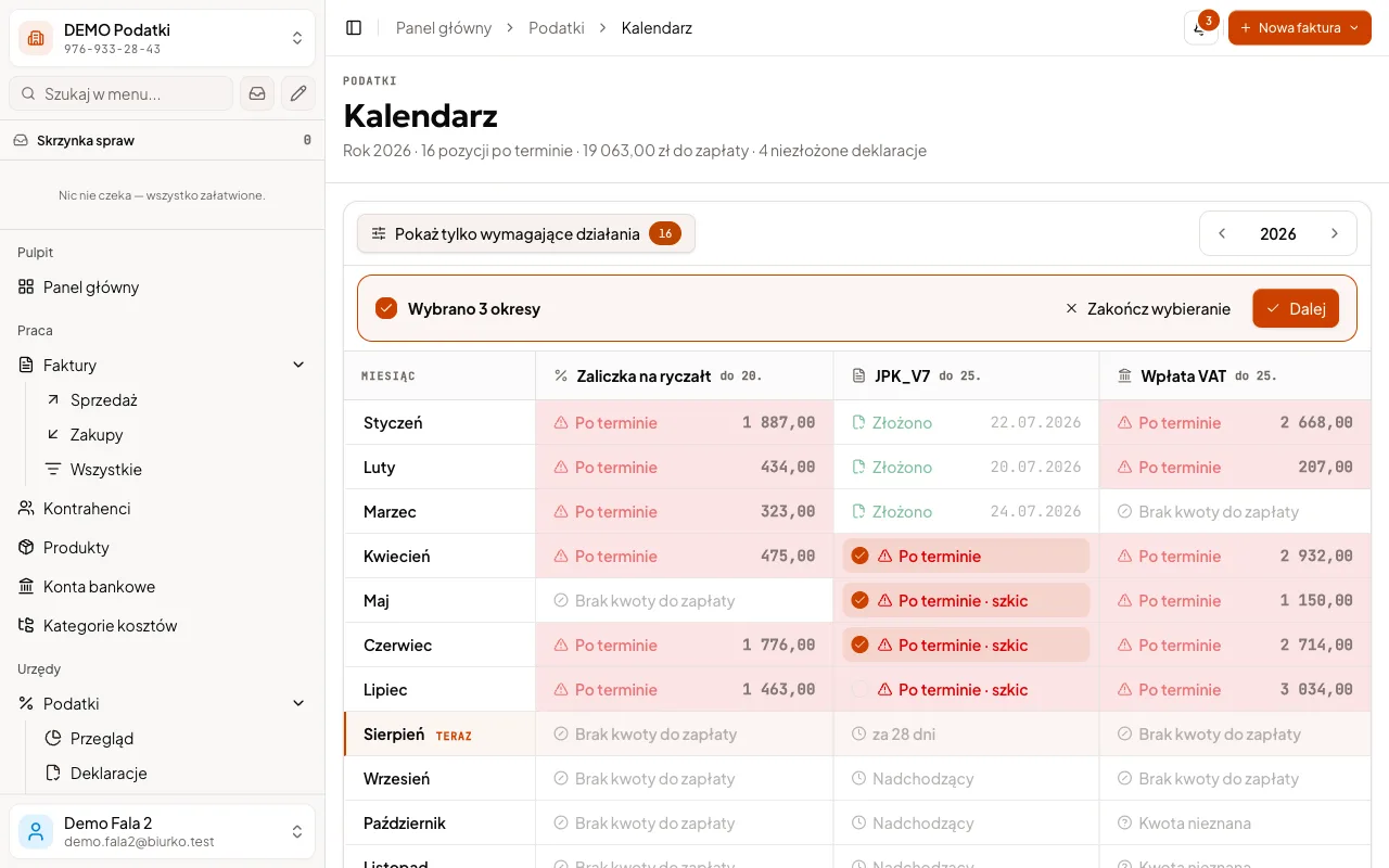 Tryb wybierania w Kalendarzu: zaznaczasz miesiące złożone gdzie indziej, a komórka, której zaznaczyć się nie da, mówi dlaczego.